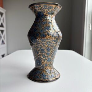 Blue and Gold Floral Cloisonne Wood Decorative Vase